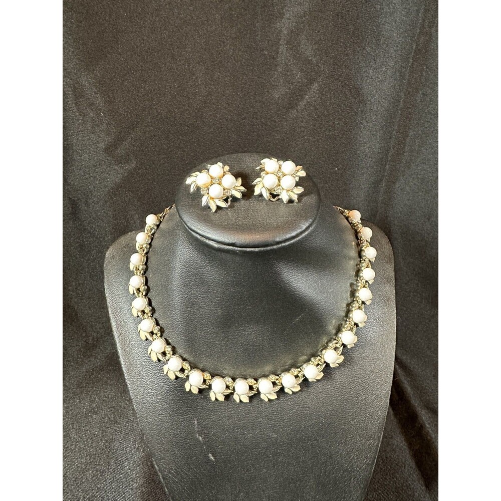 Vintage Signed Charel White Lucite, Enamel, Rhinestone Necklace & Earring Set